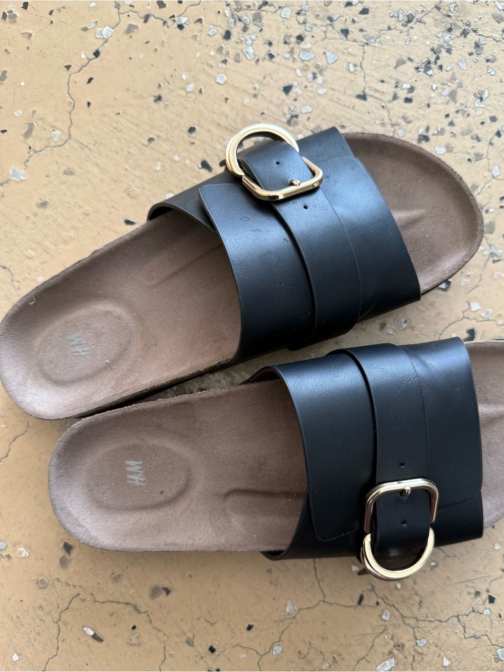 3/10$ H&M Black Slide Sandals with Gold Buckles